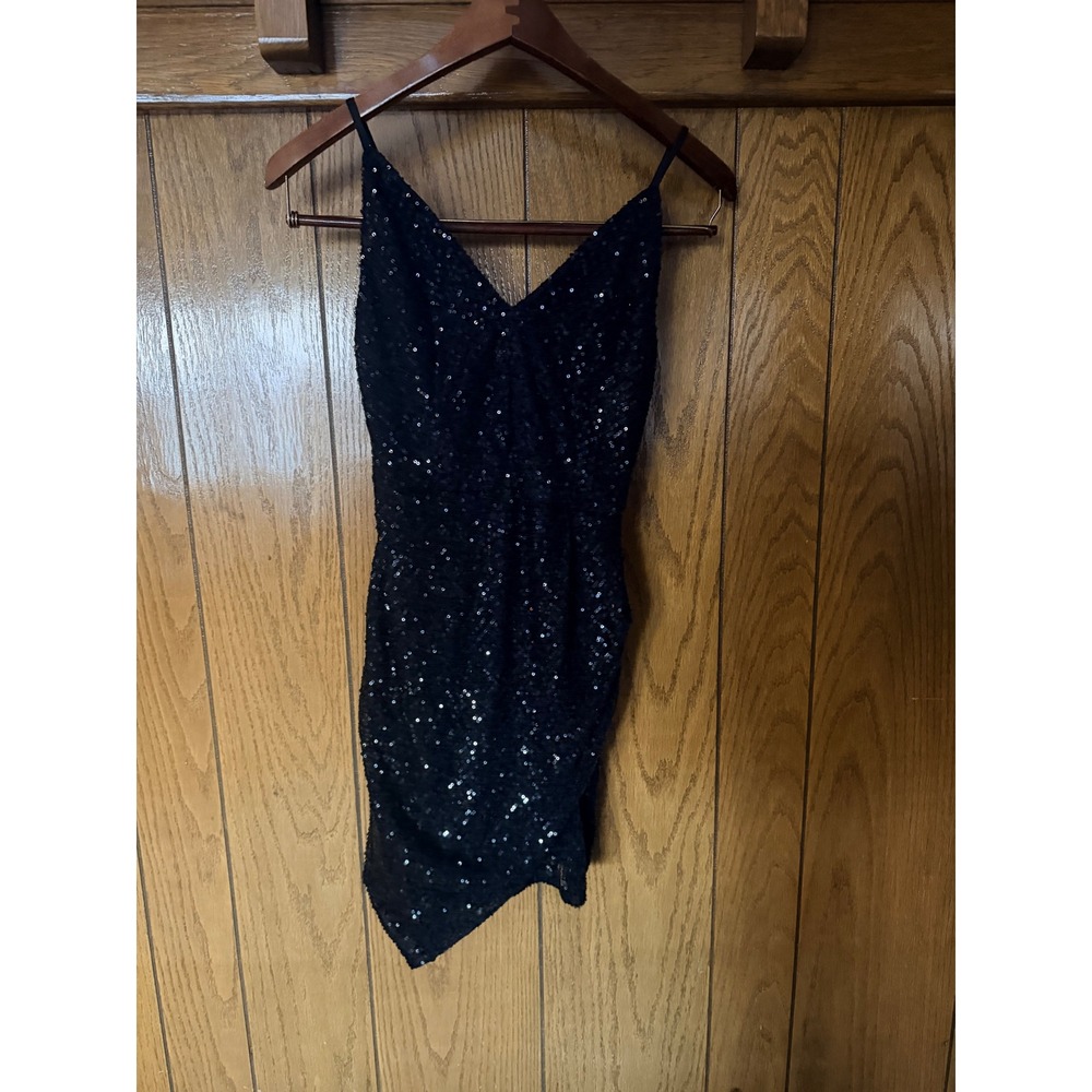 Womens Black Sequin Mini Dress V-Neck Asymmetrical Hem Cocktail Party Bodycon
